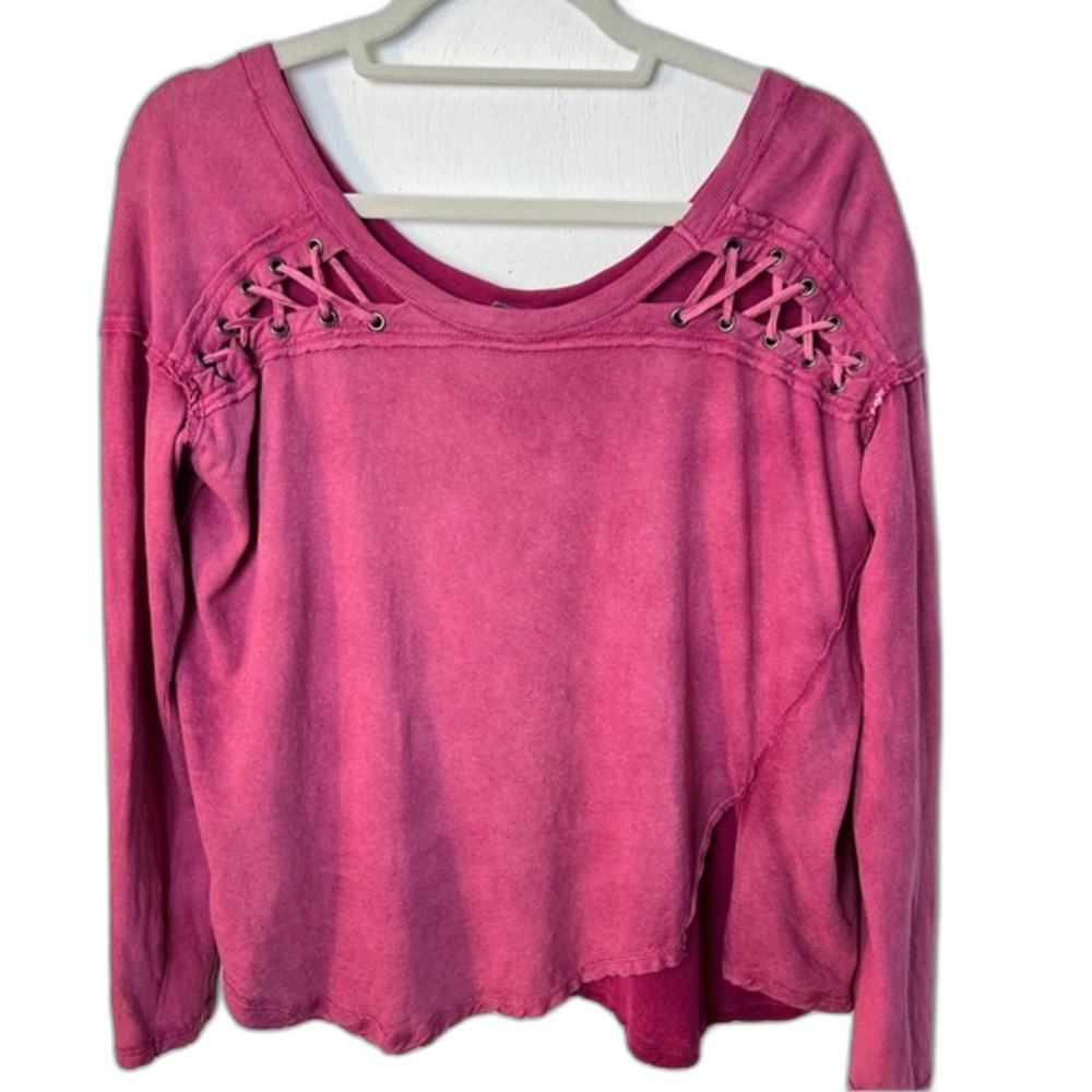 Free People Lace-Up Distressed Long Sleeve Top Berry Twilight Size XS